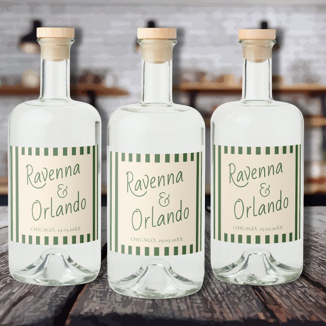Flaskgröna Randiga Retro Minimalistisk Bröllop Spritflaskor Etikett (Skapare uppladdad)