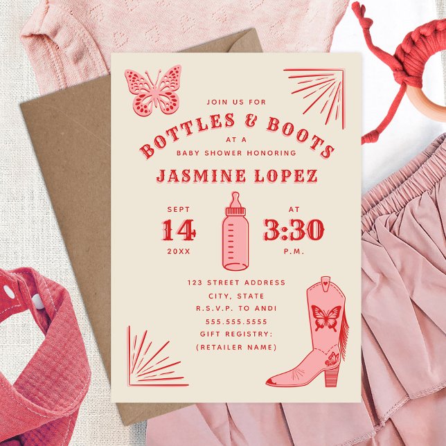 Flaskor & Boots Butterfly Cowgirl Baby Shower Inbjudningar (Skapare uppladdad)