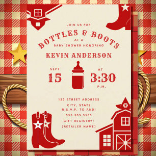 Flaskor & Boots Cowboy Retro Red Baby Shower Inbjudningar