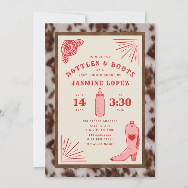 Flaskor & Boots Cowhide Cowgirl Baby Shower Inbjudningar (Framsida)