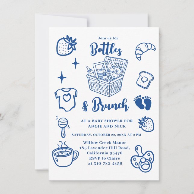Flaskor & Brunch Klottrare Blå Pojke Bebisens Mott Inbjudningar (Framsida)
