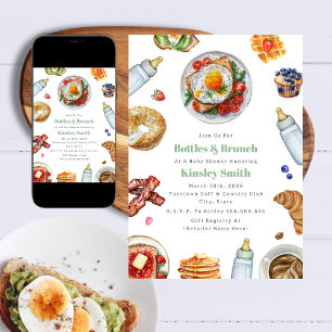 Flaskor + Brunch Neutralt Baby Shower Breakfast Inbjudningar