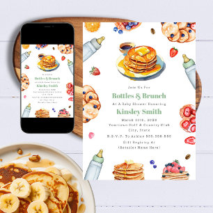 Flaskor + Brunch Neutralt Baby Shower Pancake Inbjudningar