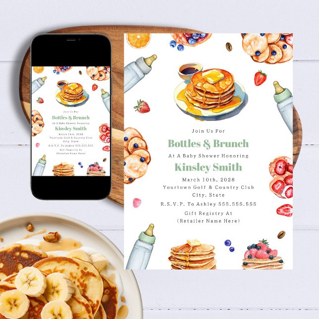 Flaskor + Brunch Neutralt Baby Shower Pancake Inbjudningar (Skapare uppladdad)