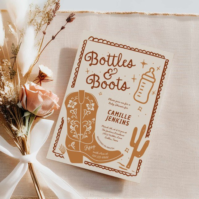 Flaskor och Boots Hand plockade Baby Shower Inbjudningar (Bottles and boots Baby Shower Invite)