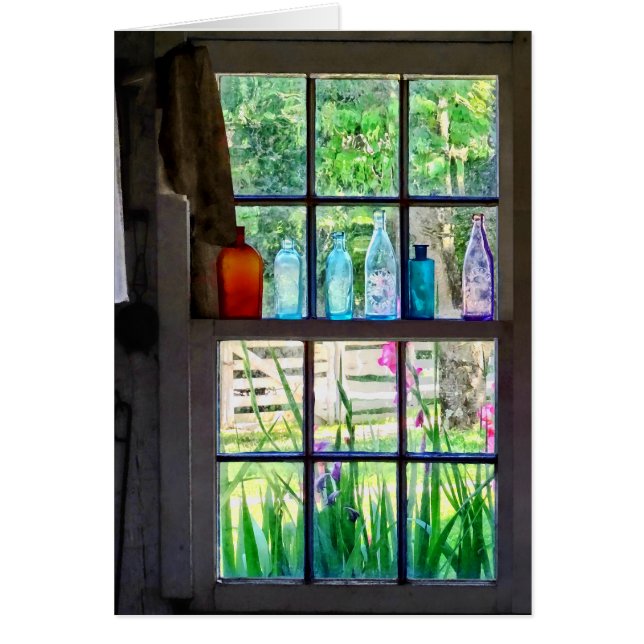 Flaskor på köksfönster hälsningskort (Framsidan)