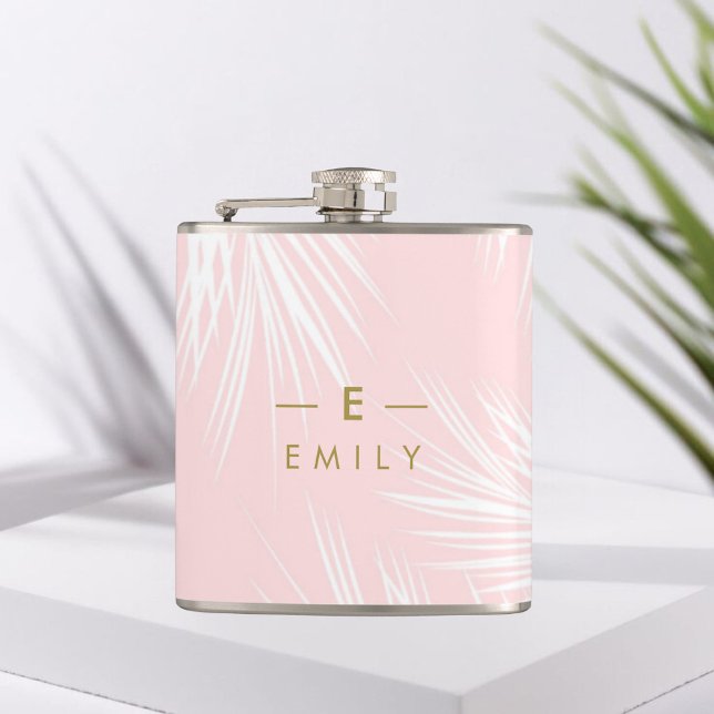 Flasque Tropical Pink, Cadeau Demoiselle d'honneur Fickplunta (Flasque personnalisée demoiselle d'honneur, motif feuilles tropicales et prénom)