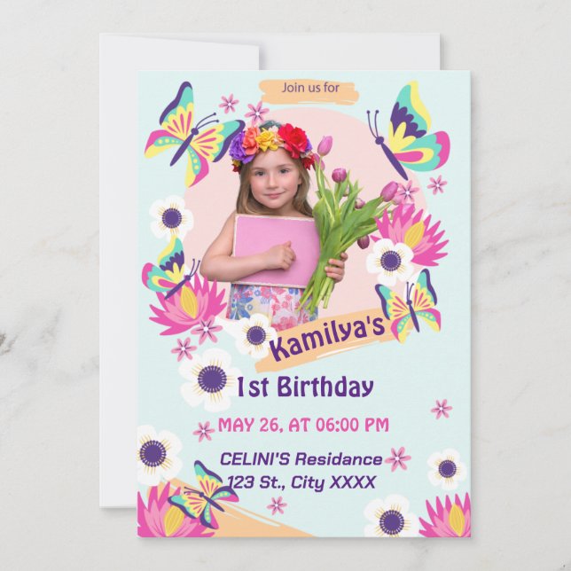 Flat Butterfly Birthday-inbjudan med foto Inbjudningar (Framsida)