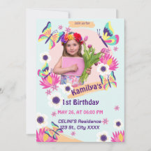 Flat Butterfly Birthday-inbjudan med foto
