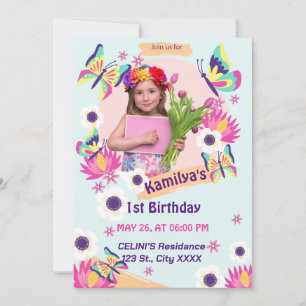 Flat Butterfly Birthday-inbjudan med foto Inbjudningar