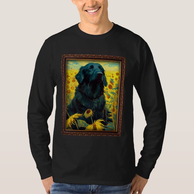 Flat Coated Retriever Painting Sunflower Flower Mo T Shirt (Framsida)