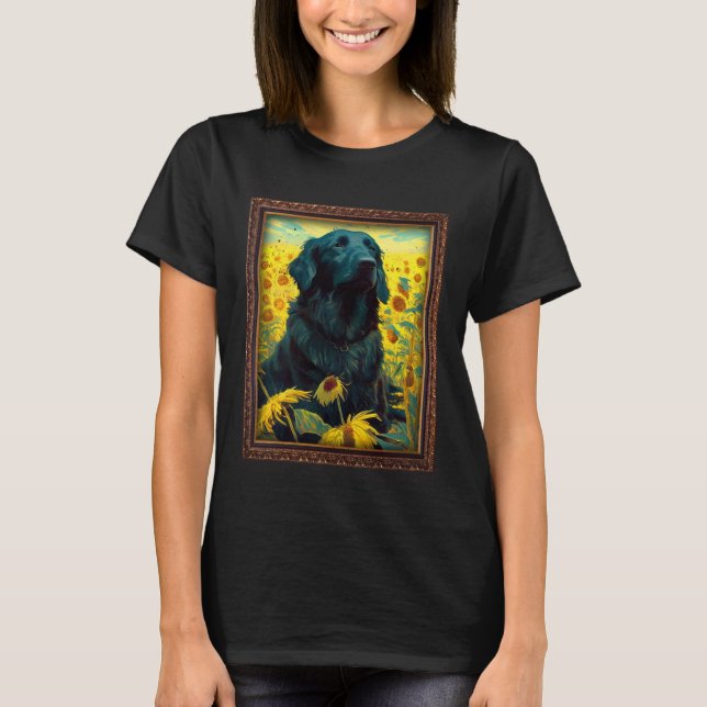 Flat Coated Retriever Painting Sunflower Flower Mo T Shirt (Framsida)