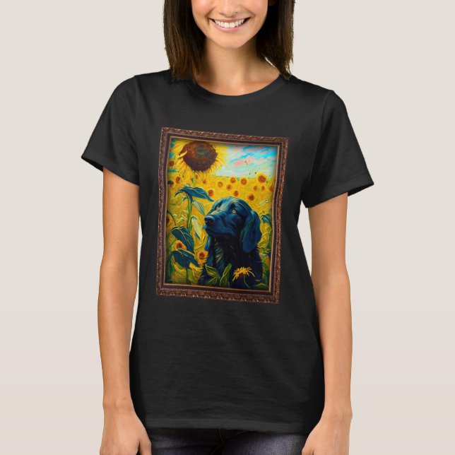 Flat Coated Retriever Painting Sunflower Flower Mo T Shirt (Framsida)