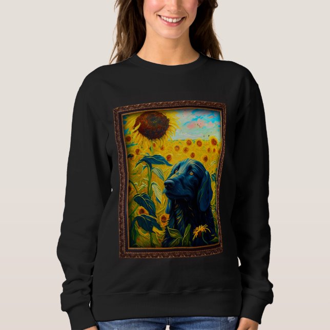 Flat Coated Retriever Painting Sunflower Flower Mo T Shirt (Framsida)