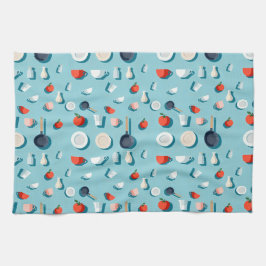 Flat lay kitchenware mugs and bright red tomatoes kökshandduk