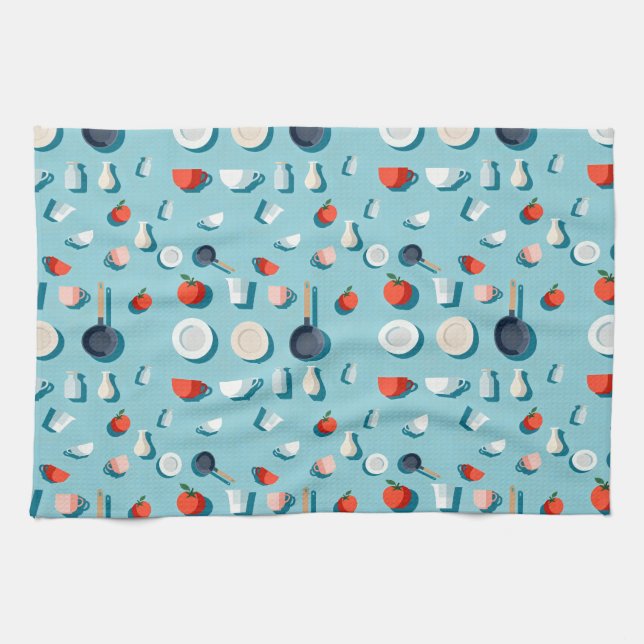 Flat lay kitchenware mugs and bright red tomatoes kökshandduk (Horisontell)