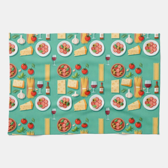 Flat lay pattern of Italian food including wine Kökshandduk (Horisontell)