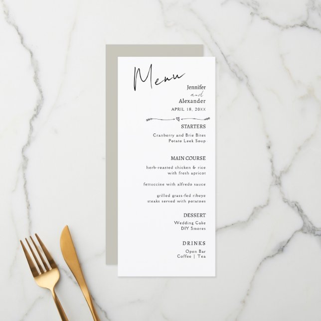 Flat Menu Minimalist, modern kalligrafi, bröllop. Meny (Fram/Back In Situ)