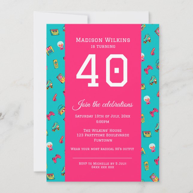 Flat Party-inbjudan - Shock rosa 90:s retroroligt Inbjudningar (Framsida)