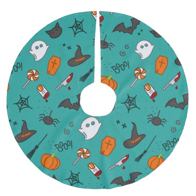 Flat-Stil Halloween Turquise Mönster. Julgransmatta Borstad Polyester (Framsidan)