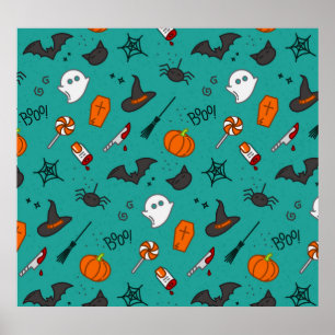 Flat-Stil Halloween Turquise Mönster. Poster