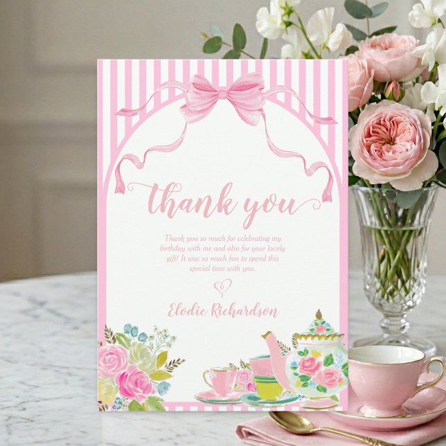 Flat Thank You Card Tack Kort (let's par-tea pink coquette bow floral stripe custom birthday party thank you card)