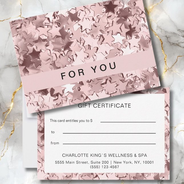 Flata kort för moderna Rosa Stars Gift-certifikat (Modern Pink Stars Gift Certificates Card.)