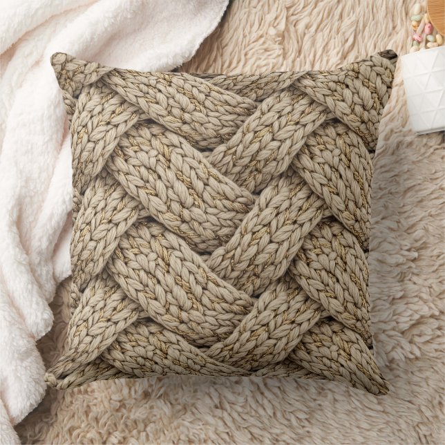 Flätad stickad textur i varmt beige kudde (Filt)
