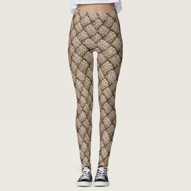 Flätad Trådstickad Textur – Varm Beige (3) Leggings (Framsida)