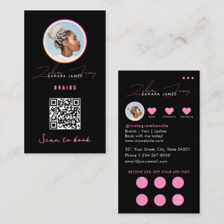 Flätar Hår Rabatt Loajalitet QR-kod Svart Rosa Visitkort