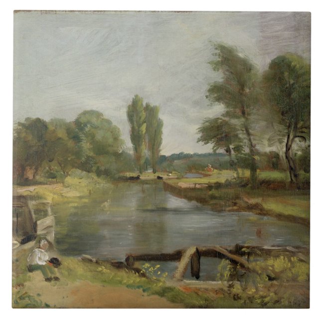 Flatford låser, 1810-11 (olja på papper på kanfas) kakelplatta (Framsidan)