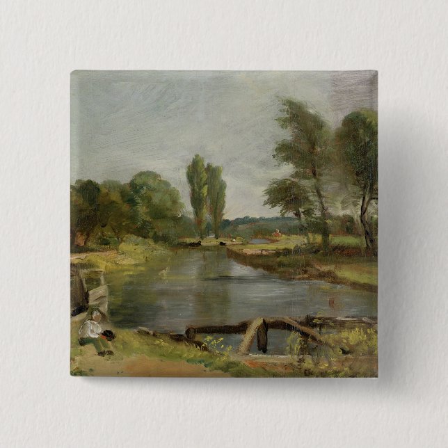 Flatford låser, 1810-11 (olja på papper på kanfas) knapp (Framsida)