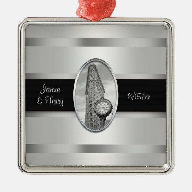 Flatiron Byggnad White Silver BW Bröllop Ornament (Framsidan)