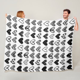 Fleece Blanket - Black and White Hearts