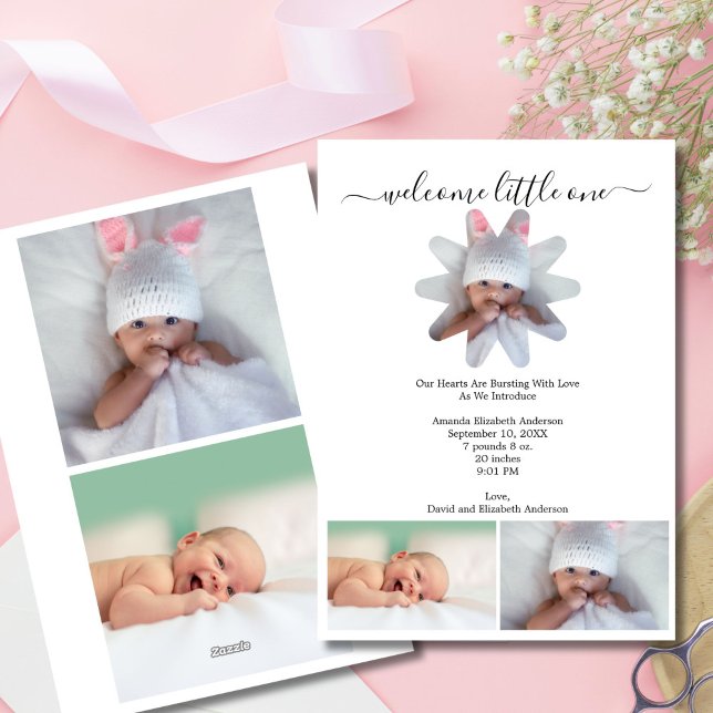 Flerbilds bebis pojke eller flicka födelse tillkän julkort (Multiple Photo Minimalist Modern Baby Birth Announcement Card. Three photos on front, two on back)