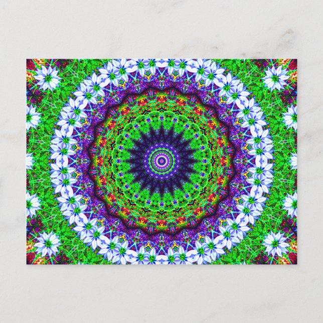 Flerfärgad Blommigt Kaleidoscope Mandala Vykort (Framsida)