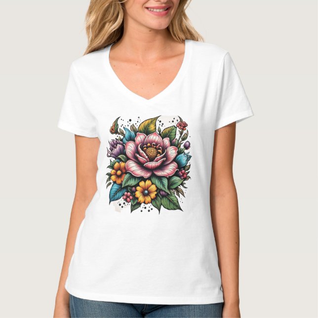 Flerfärgad blomsterbukett  t shirt (Framsida)