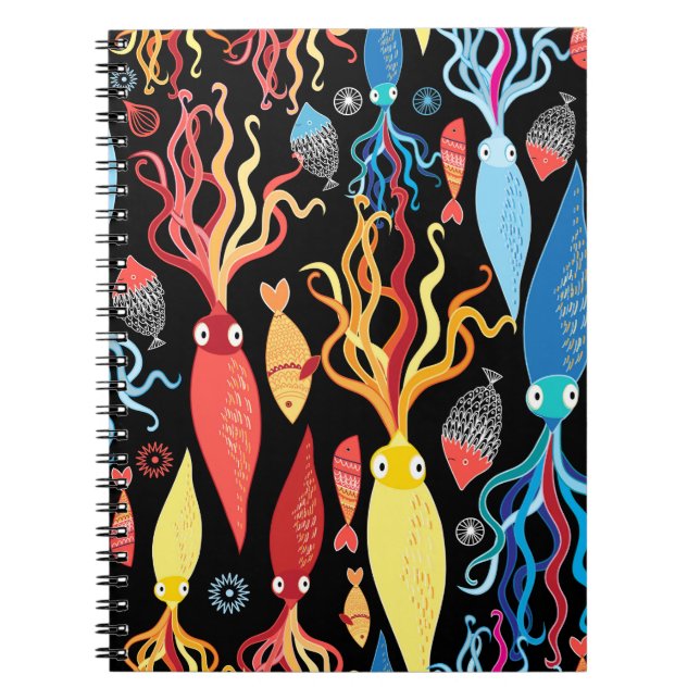 Flerfärgad mönster av olika tioarmad bläckfisk och anteckningsbok (Framsidan)