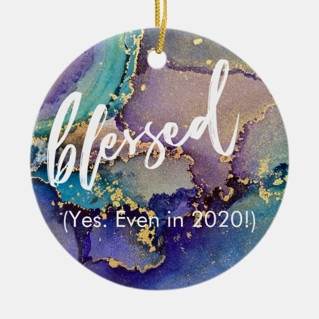 Flerfärgad och Guld-marmorerad, flytande konst, fä Julgransprydnad Keramik (Framsidan)