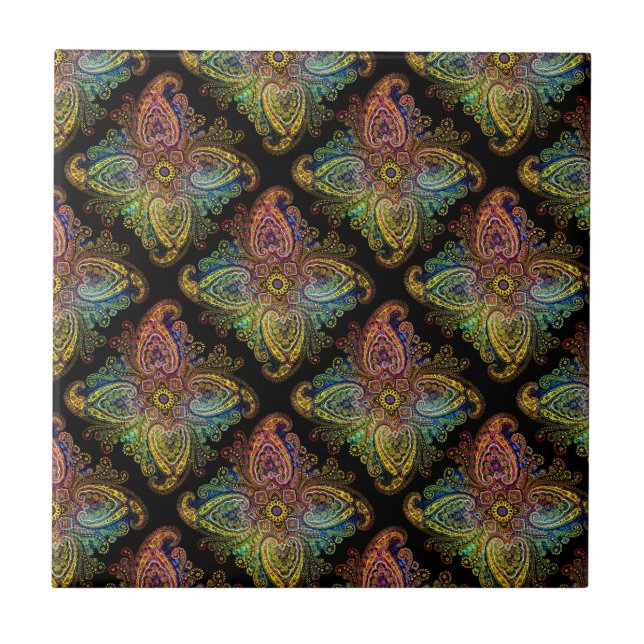 Flerfärgad Paisley-design på svart Kakelplatta (Framsidan)