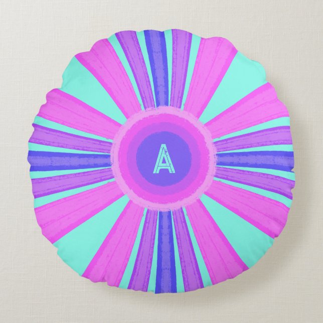 Flerfärgad randig monogram  rund kudde (Framsidan)
