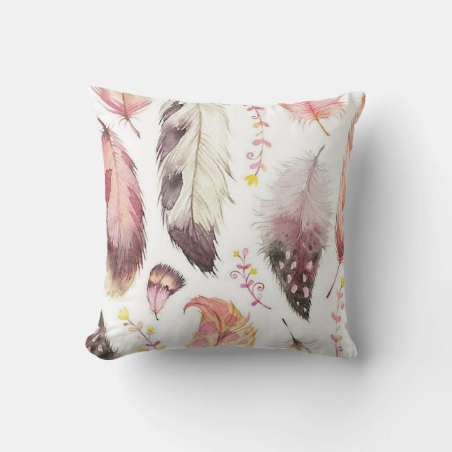 Flerfärgad rosa/mauve boho-fjädertryckt kudde (Framsida)