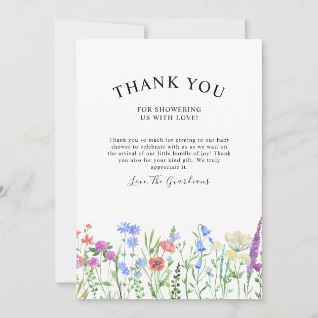 Flerfärgad vildblomma baby shower firande tack kort (Framsida)