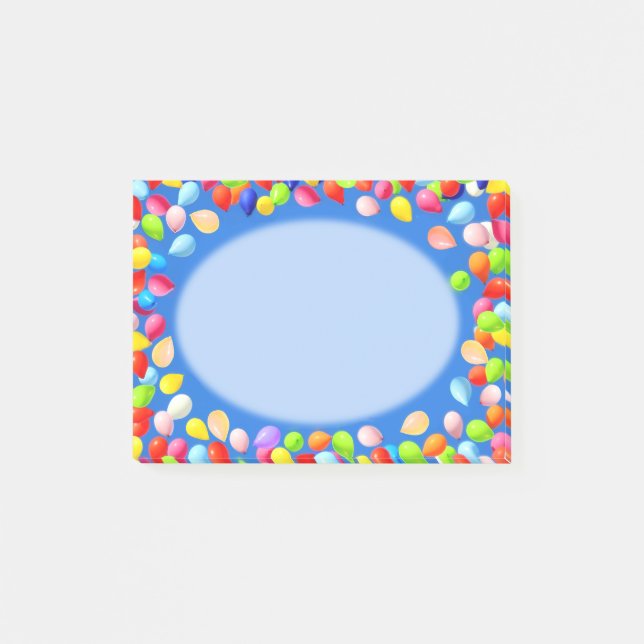 Flerfärgade ballonger på ljusblå post-it block (Framsida)