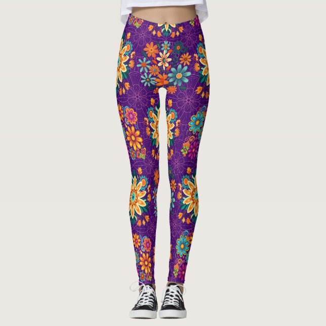 Flerfärgade blomkrukor Mönster - Rosa och Lila Leggings (Framsida)