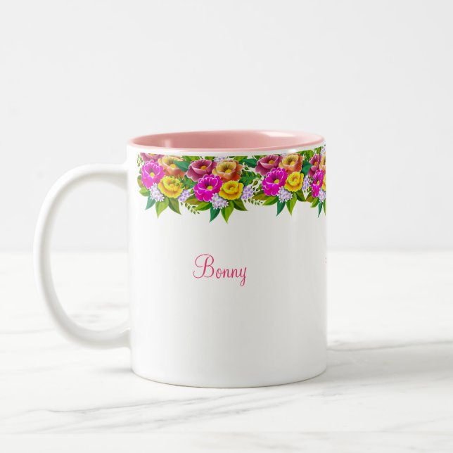 Flerfärgade blommor & kalligrafi Två-Tonad mugg (Vänster)
