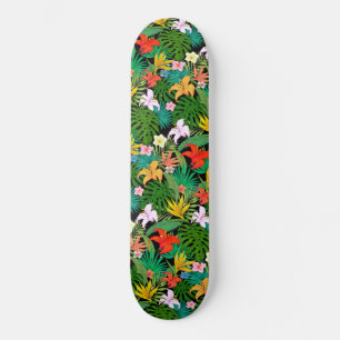 Flerfärgade blommor & palmlöv på svart mini skateboard bräda 18,5 cm