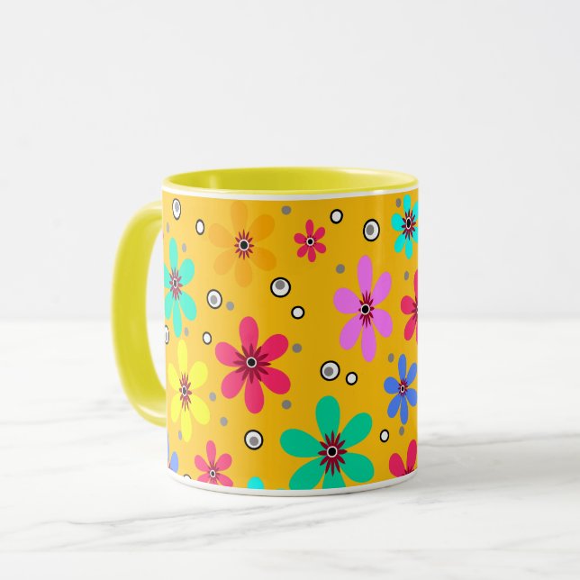 Flerfärgade blommor tusenskönor retro bakgrund som mugg (Framsida vänster)