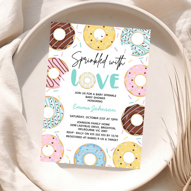 Flerfärgade donuts Baby Sprinkle Baby Shower Inbjudningar (Multicolored Gender Neutral Sprinkled with Love Baby Shower Invitation Baby Sprinkles Invite Donuts)