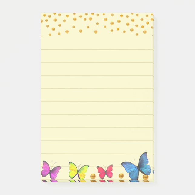 Flerfärgade fjärilar & guldconfetti på linjerade post-it block (Framsida)